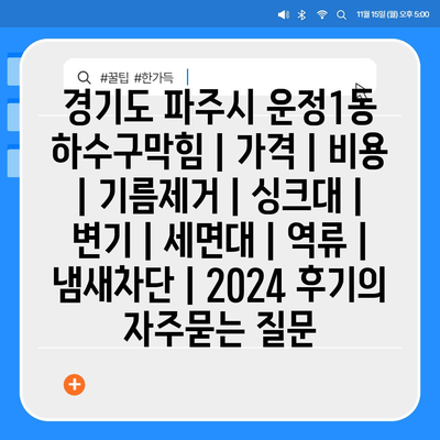 경기도 파주시 운정1동 하수구막힘 | 가격 | 비용 | 기름제거 | 싱크대 | 변기 | 세면대 | 역류 | 냄새차단 | 2024 후기