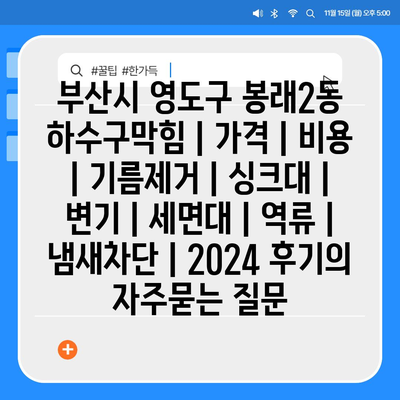 부산시 영도구 봉래2동 하수구막힘 | 가격 | 비용 | 기름제거 | 싱크대 | 변기 | 세면대 | 역류 | 냄새차단 | 2024 후기