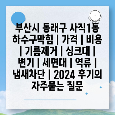 부산시 동래구 사직1동 하수구막힘 | 가격 | 비용 | 기름제거 | 싱크대 | 변기 | 세면대 | 역류 | 냄새차단 | 2024 후기