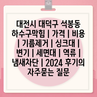 대전시 대덕구 석봉동 하수구막힘 | 가격 | 비용 | 기름제거 | 싱크대 | 변기 | 세면대 | 역류 | 냄새차단 | 2024 후기