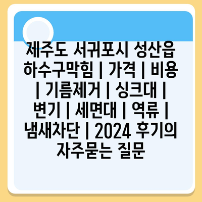 제주도 서귀포시 성산읍 하수구막힘 | 가격 | 비용 | 기름제거 | 싱크대 | 변기 | 세면대 | 역류 | 냄새차단 | 2024 후기