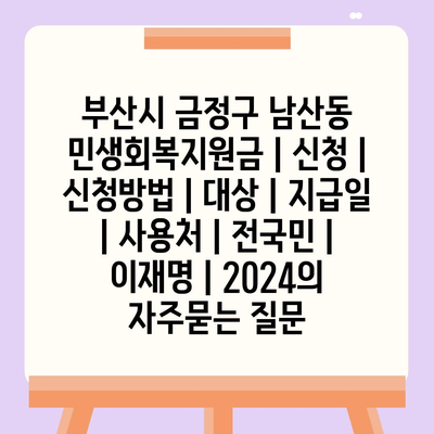 부산시 금정구 남산동 민생회복지원금 | 신청 | 신청방법 | 대상 | 지급일 | 사용처 | 전국민 | 이재명 | 2024