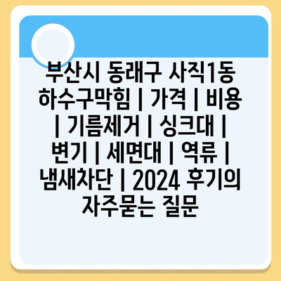 부산시 동래구 사직1동 하수구막힘 | 가격 | 비용 | 기름제거 | 싱크대 | 변기 | 세면대 | 역류 | 냄새차단 | 2024 후기