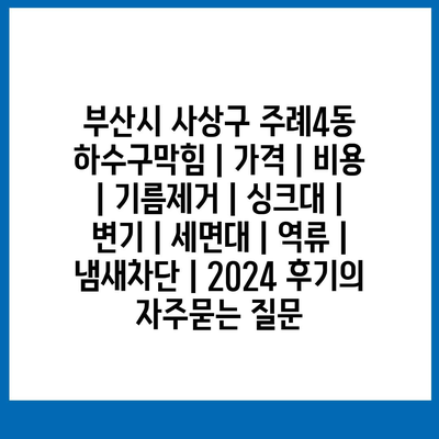 부산시 사상구 주례4동 하수구막힘 | 가격 | 비용 | 기름제거 | 싱크대 | 변기 | 세면대 | 역류 | 냄새차단 | 2024 후기